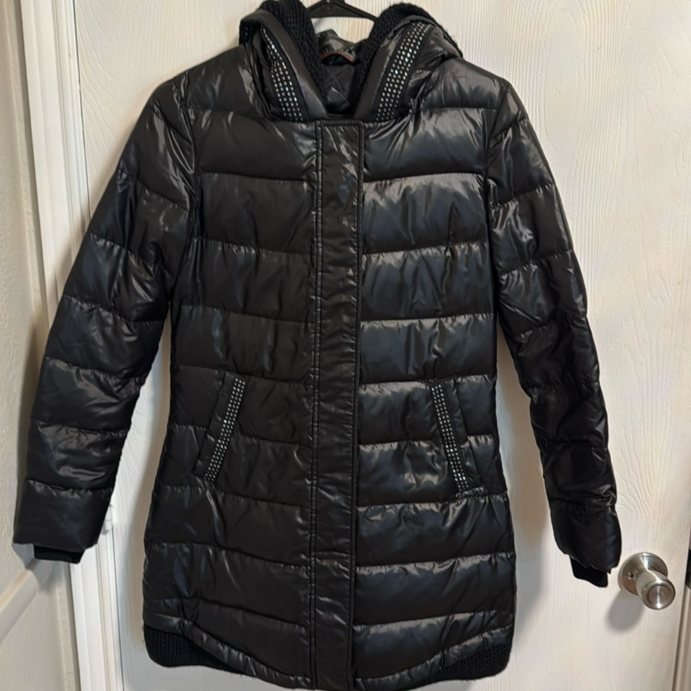 Bosideng Women's‎ Puffer Coat Black Warm Sparkle Rhinestone Snap Close Hood Cute